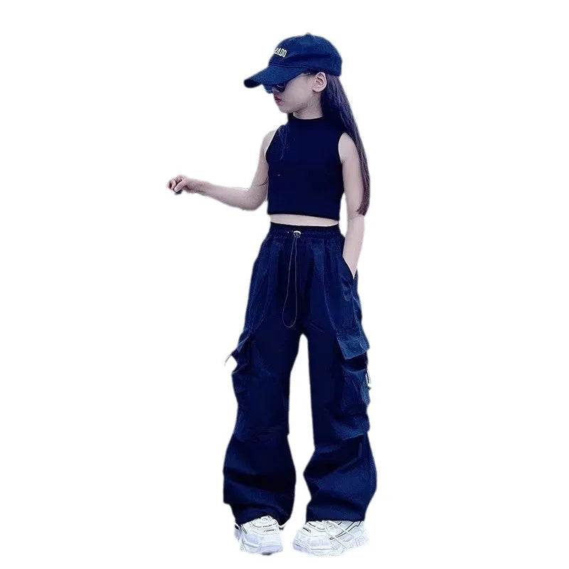 Girls Casual Cargo Pants Kids Solid Colour Sweatpants Children Vintage Streetwear Hip Hop Pants New Elastic Waist Baggy Trousers