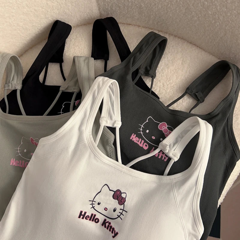 Sanrio HelloKitty Fashion Clothing Y2K Top with Breast Pad Cute Top Girl Summer Cool Cropped Top White Sexy Suspender Girl Gift