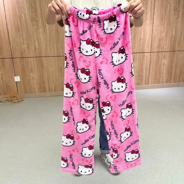 Thicken Hello Kitty Pajama Pants Sanrio Anime Fleece Double Elastic Fabric Soft Trousers Women Trousers Cartoon Birthday Gift