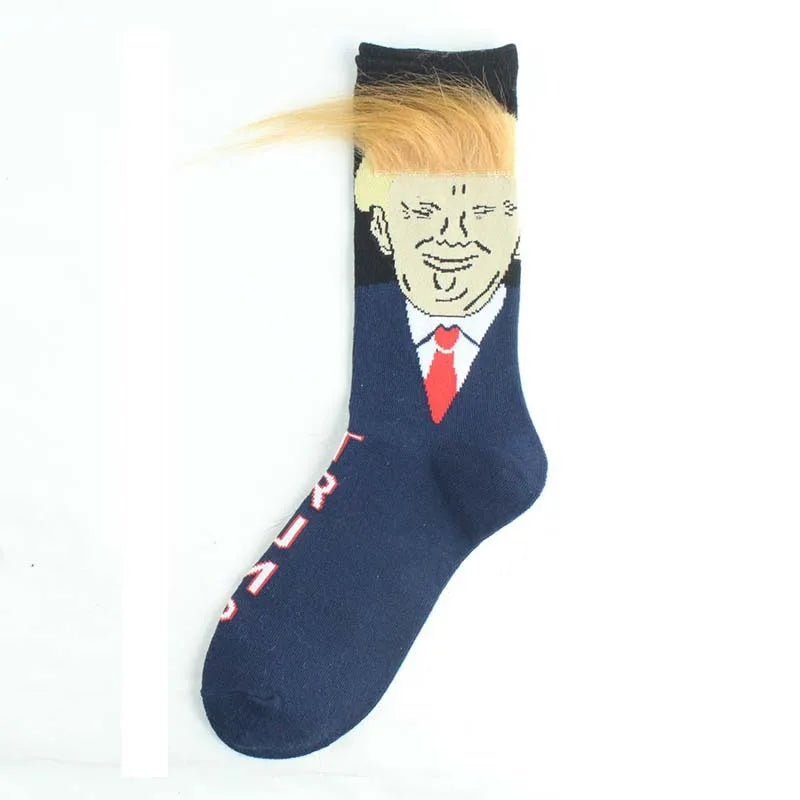 Funny and Funny  Presidential Socks With 3D Fake Hair Round Neck Socks for Men's Street Clothing Hip Hop Socks