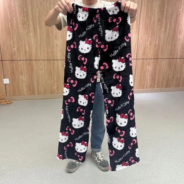 Thicken Hello Kitty Pajama Pants Sanrio Anime Fleece Double Elastic Fabric Soft Trousers Women Trousers Cartoon Birthday Gift