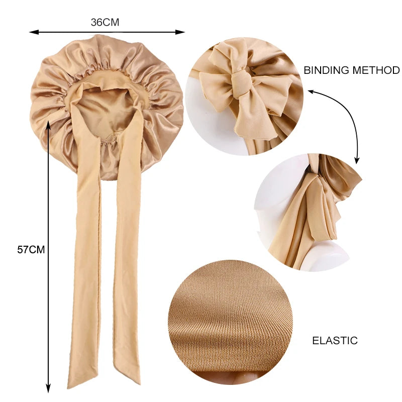 New Double-Layered Satin Bonnet with Tie Band Elastic Band Sleep Cap Reusable Adjusting Hair Care Wrap Cap Shower Caps for Women