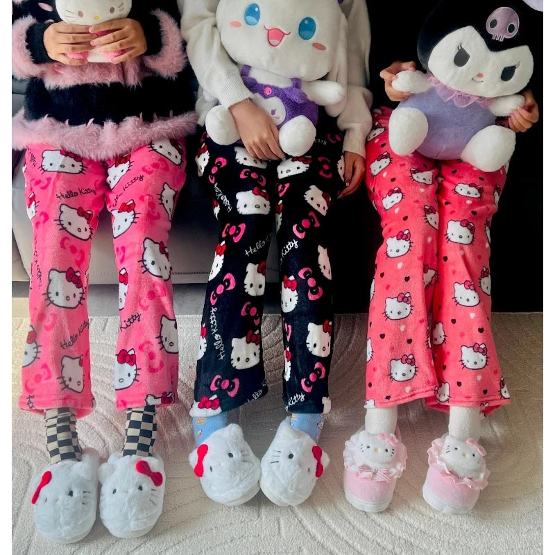 Sanrio Hello Kitty Flannel Pajamas  Y2k Kawaii Anime Women'S Warm Woolen Cartoon Casual Home Pants Autumn Winter Fashion Trouser