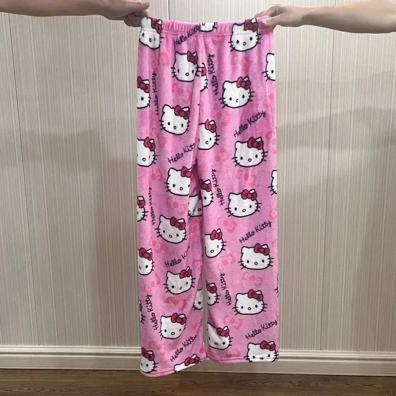 Sanrio Hello Kitty Flannel Pajamas  Y2k Kawaii Anime Women'S Warm Woolen Cartoon Casual Home Pants Autumn Winter Fashion Trouser