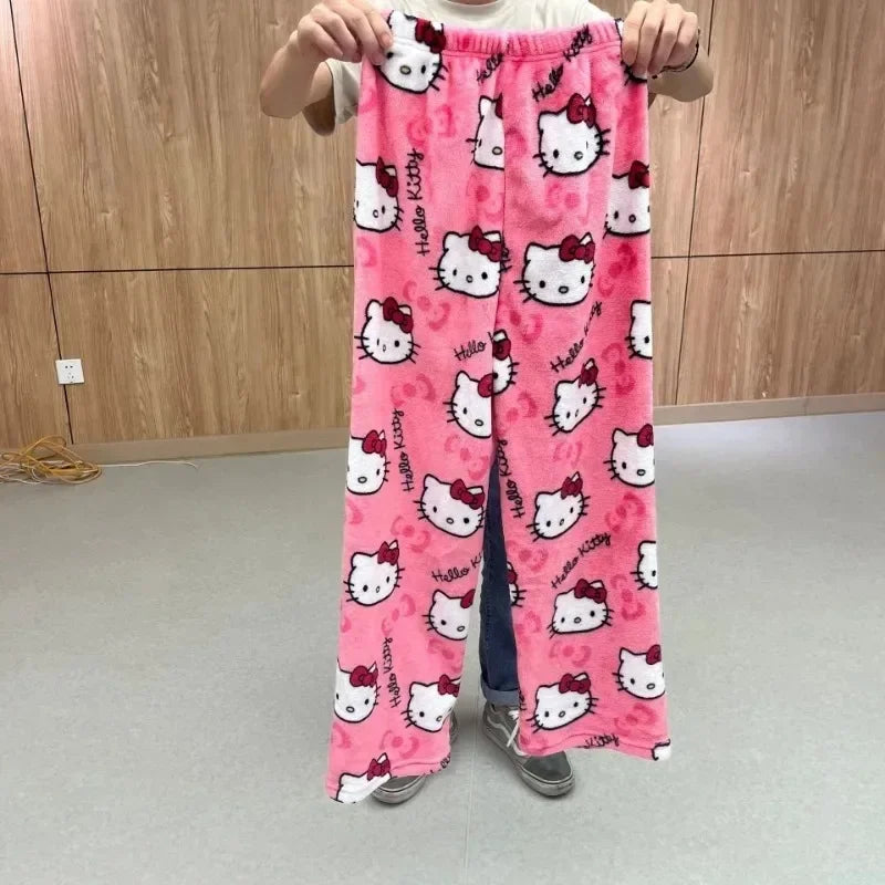Thicken Hello Kitty Pajama Pants Sanrio Anime Fleece Double Elastic Fabric Soft Trousers Women Trousers Cartoon Birthday Gift