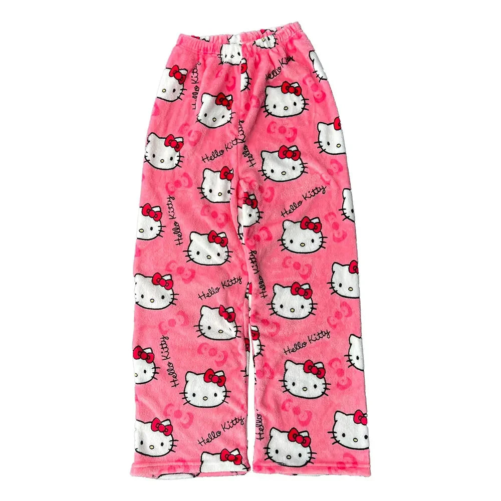 Thicken Hello Kitty Pajama Pants Sanrio Anime Fleece Double Elastic Fabric Soft Trousers Women Trousers Cartoon Birthday Gift