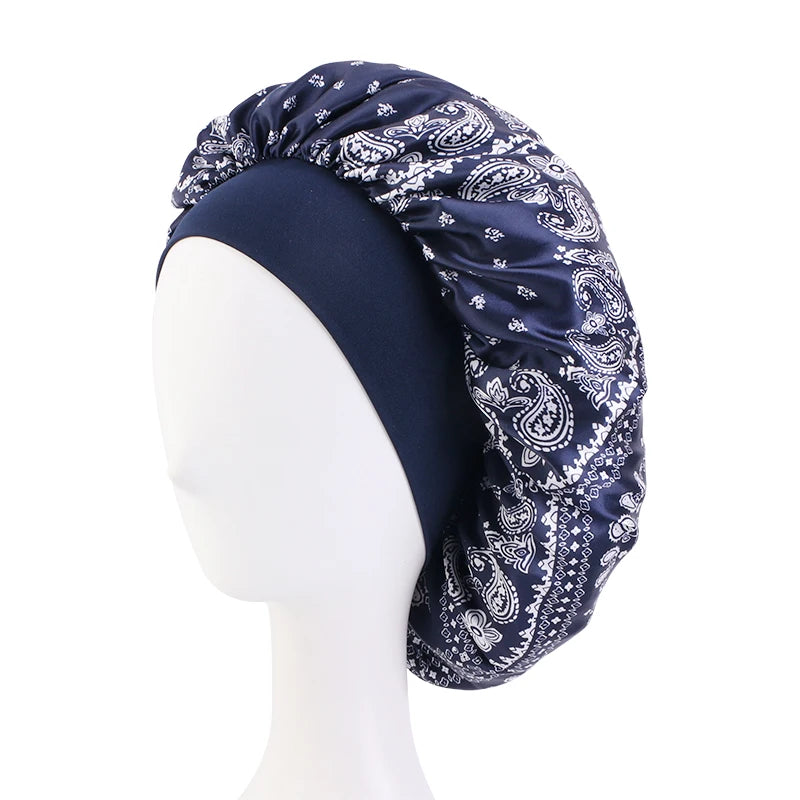 New Soft Satin Bonnet For Women Chemo Cap Paisely Pattern Night Sleep Silky Hat Wide Elastic Band Hair Care Head Cover Wholesale