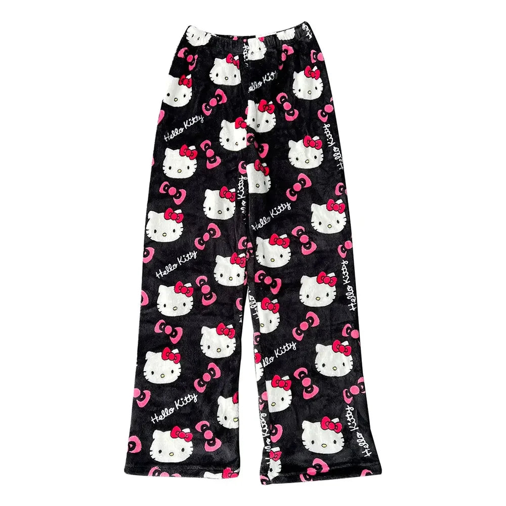 Thicken Hello Kitty Pajama Pants Sanrio Anime Fleece Double Elastic Fabric Soft Trousers Women Trousers Cartoon Birthday Gift