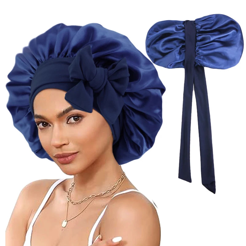 New Double-Layered Satin Bonnet with Tie Band Elastic Band Sleep Cap Reusable Adjusting Hair Care Wrap Cap Shower Caps for Women
