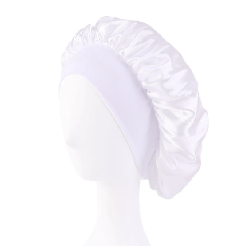 Women's Satin Solid Bonnets Wide-brimmed Night Sleeping Bathing Hat Unisex Head Wrap Elastic Band Cap Hair Care Bonnet