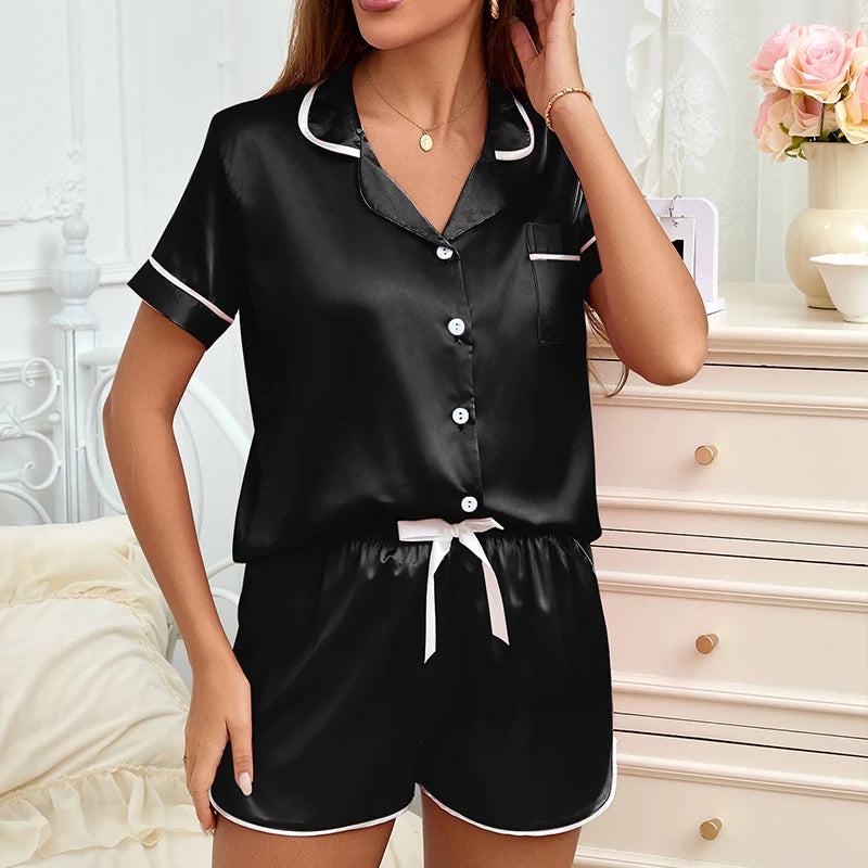 Women's Pajamas Lounge Set Heart Embroidered Pocket Patched Sleepwear Button Down Short Sleeve Top & Shorts Pyjama Home Clothing