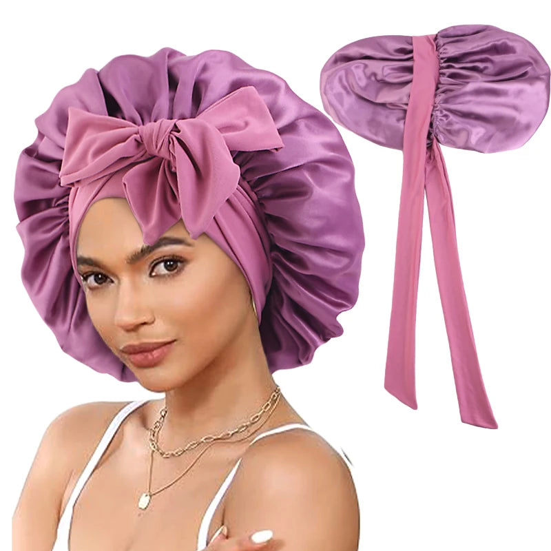 New Double-Layered Satin Bonnet with Tie Band Elastic Band Sleep Cap Reusable Adjusting Hair Care Wrap Cap Shower Caps for Women