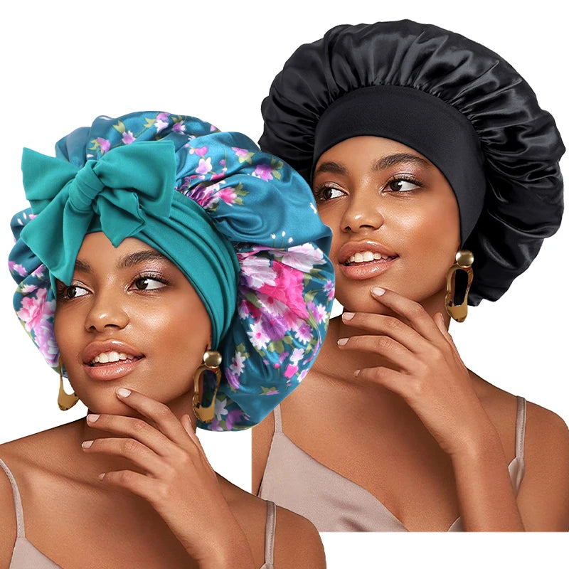 2PCS/LOT Women's Satin Silk Elastic Bonnet Sleeping Shower Night Sleep Cap Head Cover Styling Cap Hair Care Wrapping Tool