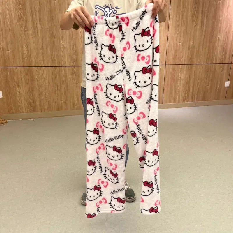 Thicken Hello Kitty Pajama Pants Sanrio Anime Fleece Double Elastic Fabric Soft Trousers Women Trousers Cartoon Birthday Gift