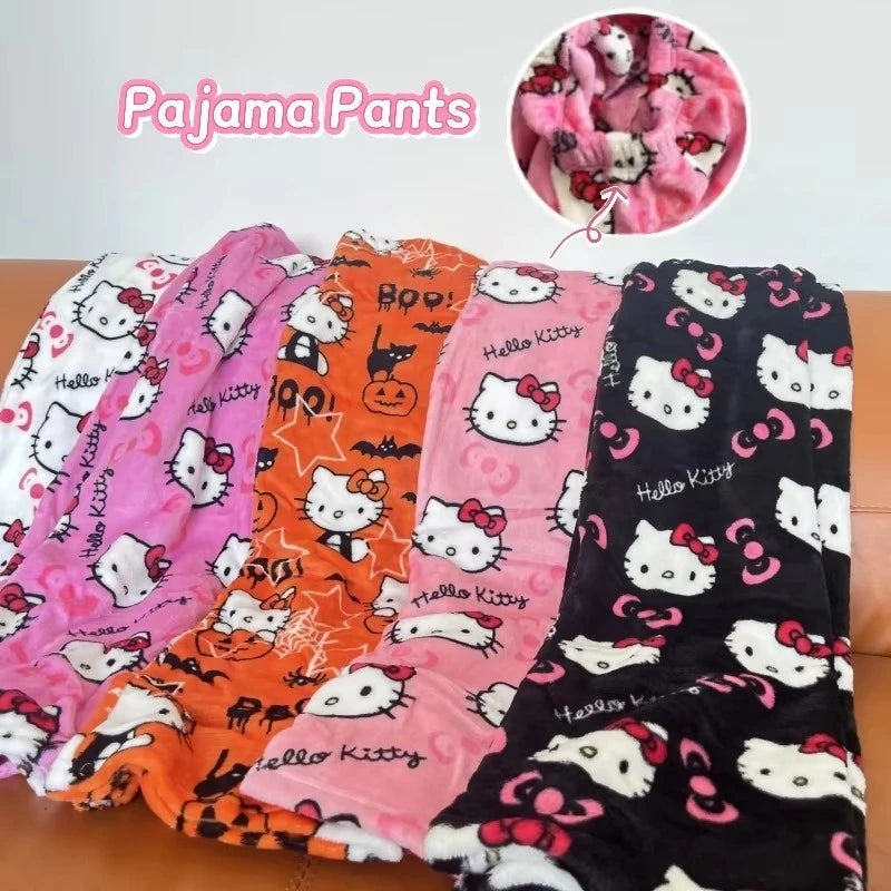 Thicken Hello Kitty Pajama Pants Sanrio Anime Fleece Double Elastic Fabric Soft Trousers Women Trousers Cartoon Birthday Gift