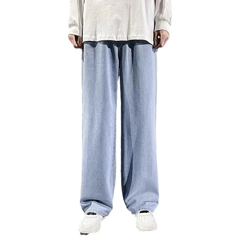 2024 New Streetwear Loose Jeans Men Korean Style Fashion Loose Straight Wide Leg Pants Men's Brand Clothing Black Light Blue