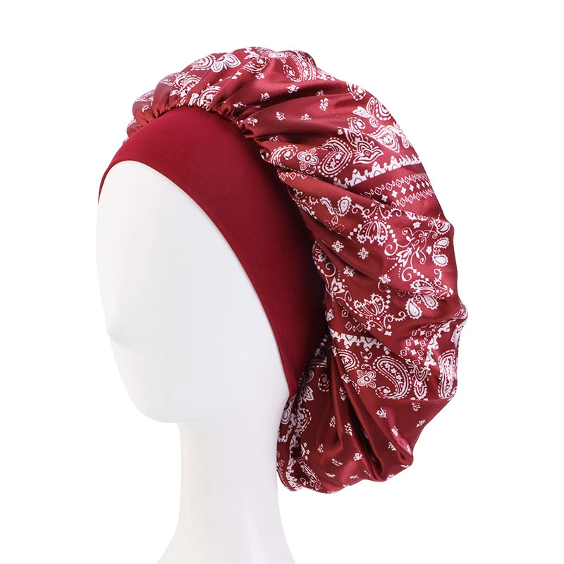 New Soft Satin Bonnet For Women Chemo Cap Paisely Pattern Night Sleep Silky Hat Wide Elastic Band Hair Care Head Cover Wholesale