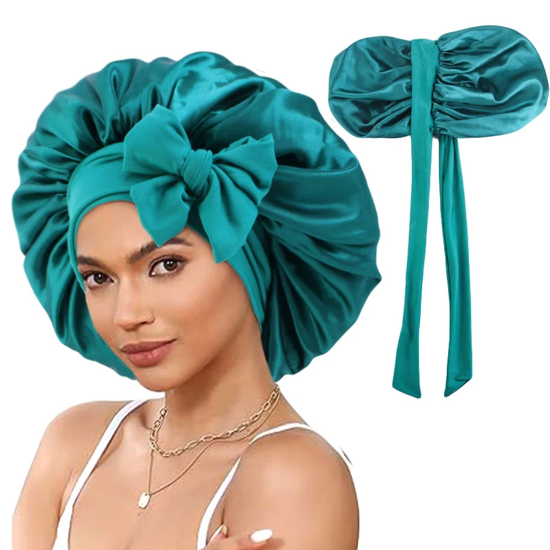 New Double-Layered Satin Bonnet with Tie Band Elastic Band Sleep Cap Reusable Adjusting Hair Care Wrap Cap Shower Caps for Women