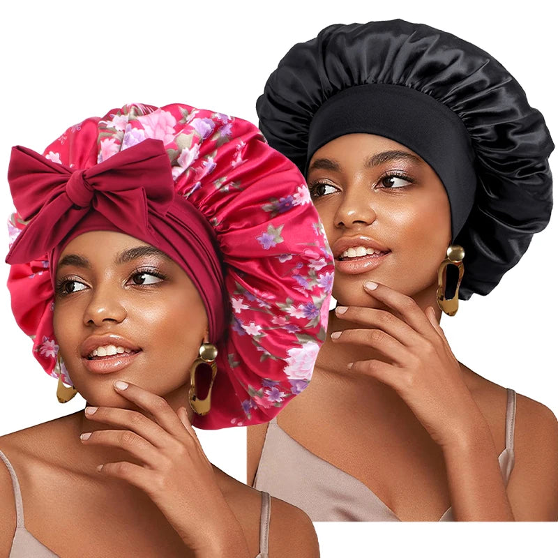 2PCS/LOT Women's Satin Silk Elastic Bonnet Sleeping Shower Night Sleep Cap Head Cover Styling Cap Hair Care Wrapping Tool