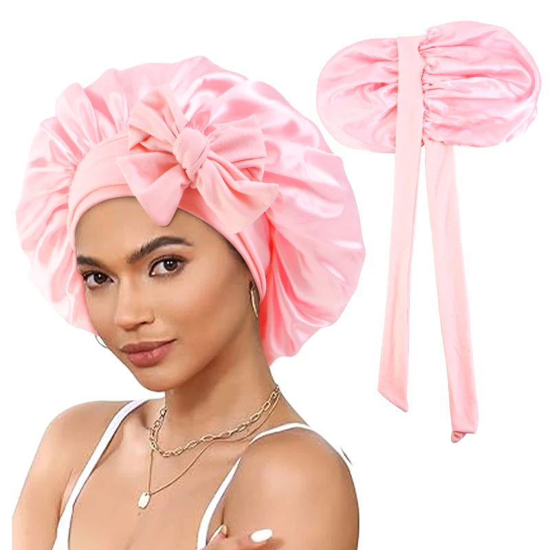 New Double-Layered Satin Bonnet with Tie Band Elastic Band Sleep Cap Reusable Adjusting Hair Care Wrap Cap Shower Caps for Women