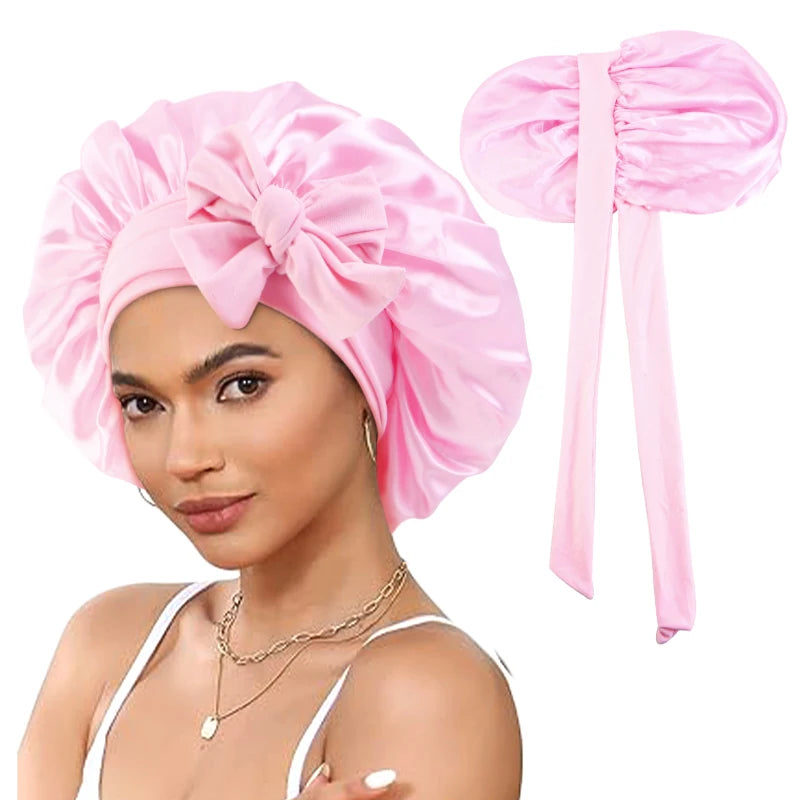 New Double-Layered Satin Bonnet with Tie Band Elastic Band Sleep Cap Reusable Adjusting Hair Care Wrap Cap Shower Caps for Women
