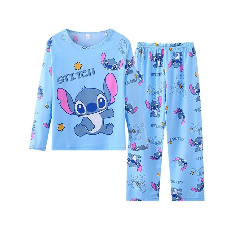 2025 Spring Summer 2pcs/set Stitch Homewear Pajamas for Kids Baby Soft Milk Silk Blue Anime Stitch Long Sleeve Sleepwear Sets
