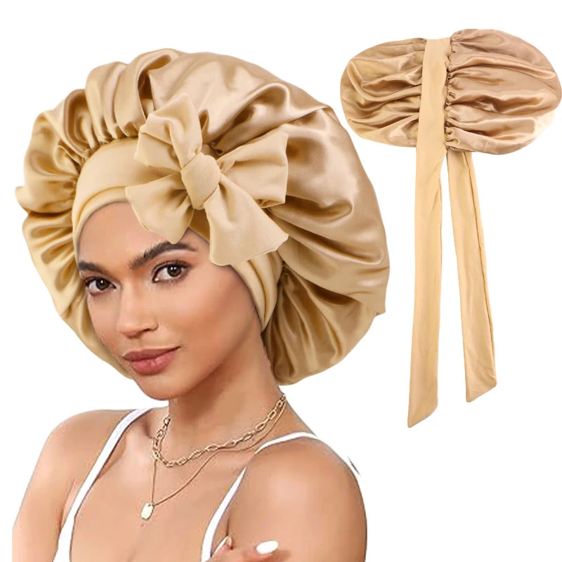 New Double-Layered Satin Bonnet with Tie Band Elastic Band Sleep Cap Reusable Adjusting Hair Care Wrap Cap Shower Caps for Women