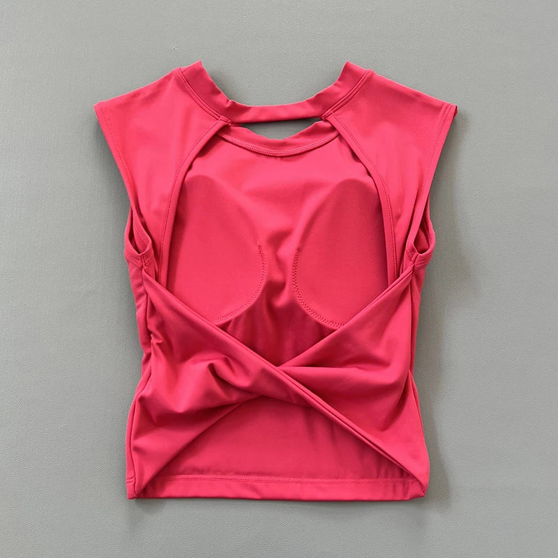Sexy short backless fixed chest pad sports T-shirt vest women's tight quick drying sleeveless yoga top