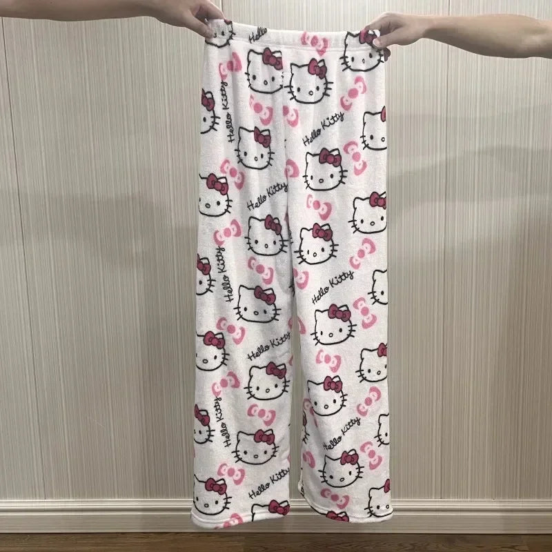 Sanrio Hello Kitty Flannel Pajamas  Y2k Kawaii Anime Women'S Warm Woolen Cartoon Casual Home Pants Autumn Winter Fashion Trouser