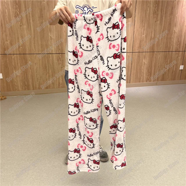 Thicken Hello Kitty Pajama Pants Sanrio Anime Fleece Double Elastic Fabric Soft Trousers Women Trousers Cartoon Birthday Gift
