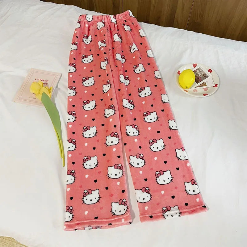 Thicken Hello Kitty Pajama Pants Sanrio Anime Fleece Double Elastic Fabric Soft Trousers Women Trousers Cartoon Birthday Gift