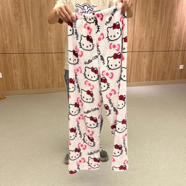 Thicken Hello Kitty Pajama Pants Sanrio Anime Fleece Double Elastic Fabric Soft Trousers Women Trousers Cartoon Birthday Gift