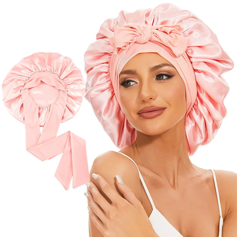 New Double-Layered Satin Bonnet with Tie Band Elastic Band Sleep Cap Reusable Adjusting Hair Care Wrap Cap Shower Caps for Women