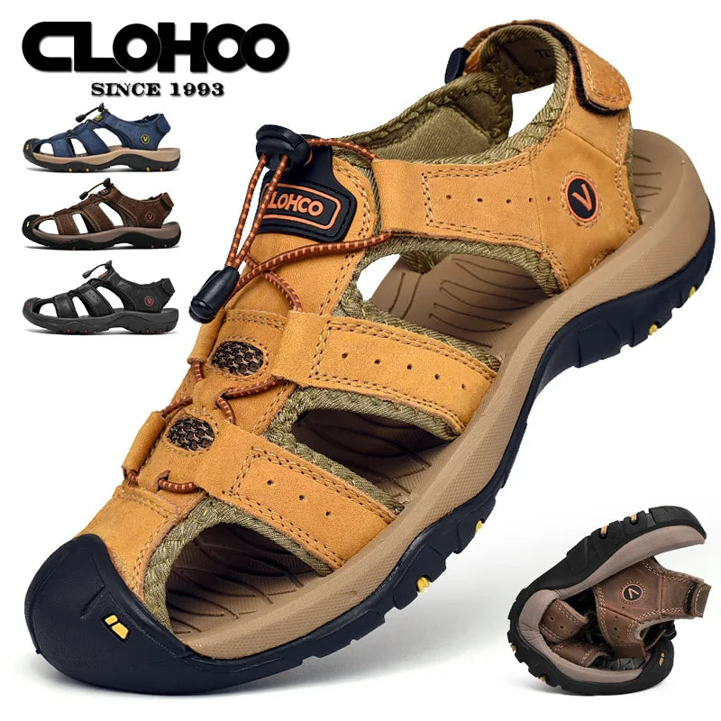 CLOHOO Men's Sandals Handmade Thick Bottom Rubber Breathable Casual Slip-On Beach Shoes Leather Upgraded Version