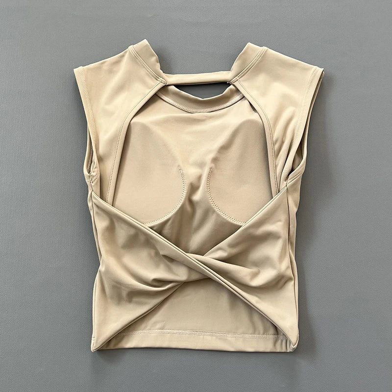 Sexy short backless fixed chest pad sports T-shirt vest women's tight quick drying sleeveless yoga top