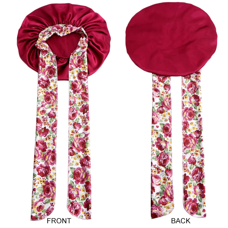 New Silky Bonnet for Sleeping Women Satin Bonnet Night Sleep Cap Large stretch printed ribbon colored nightcap hair care cap