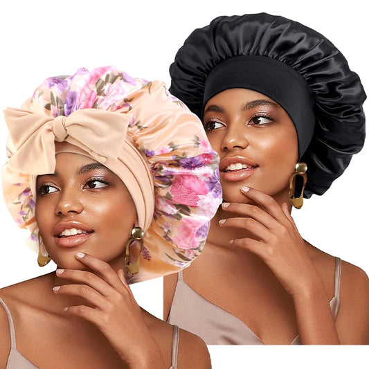 2PCS/LOT Women's Satin Silk Elastic Bonnet Sleeping Shower Night Sleep Cap Head Cover Styling Cap Hair Care Wrapping Tool