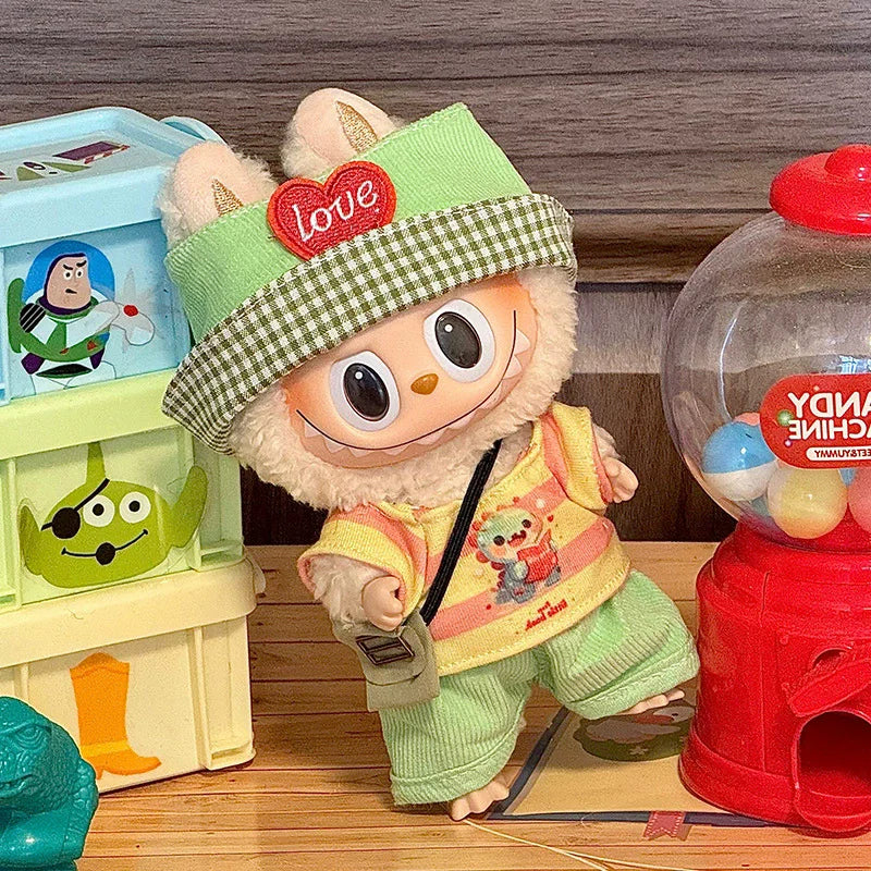 17cm Mini Doll'S Clothes Outfit Accessories For Labubu V1 V2 Striped overalls  Cool Handsome Clothing Gift