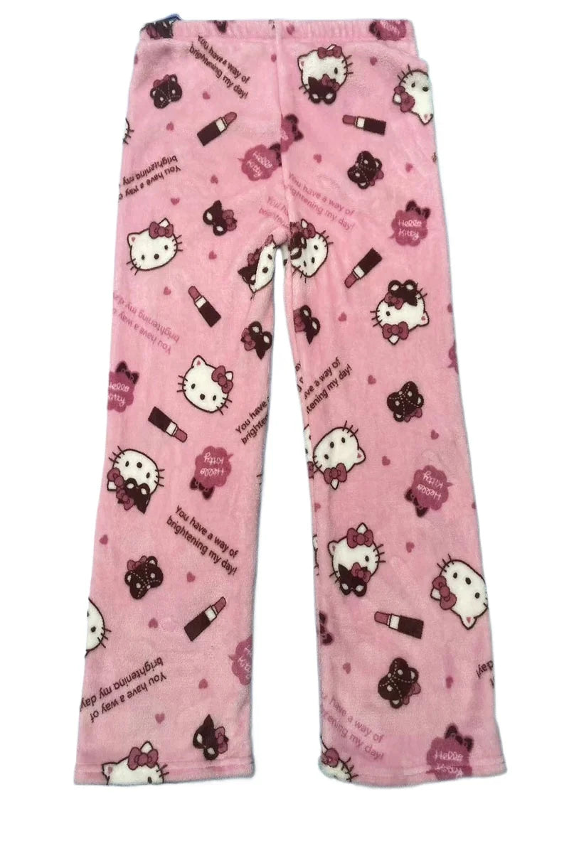 Thicken Hello Kitty Pajama Pants Sanrio Anime Fleece Double Elastic Fabric Soft Trousers Women Trousers Cartoon Birthday Gift