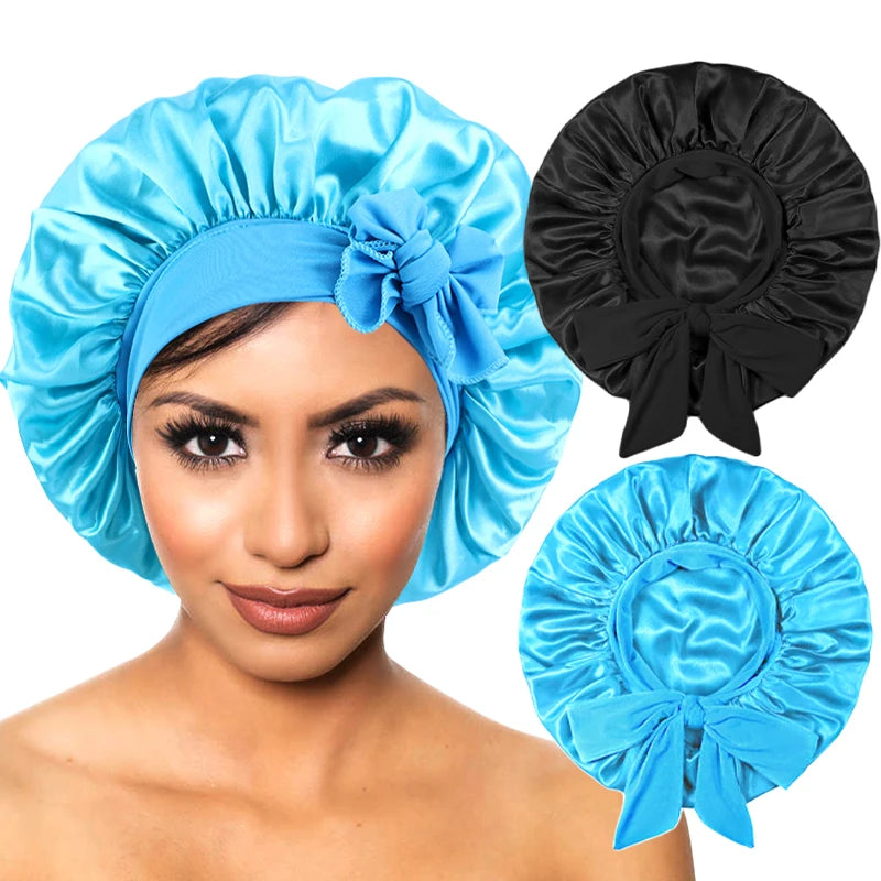 New Satin Sleeping Cap For Women Solid Wide Band Stretch Head Tie Silky Bonnet Edge Wrap Nightcap Hair Care Shower Head Cover
