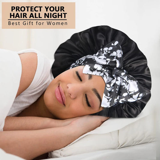 New Silky Bonnet for Sleeping Women Satin Bonnet Night Sleep Cap Large stretch printed ribbon colored nightcap hair care cap