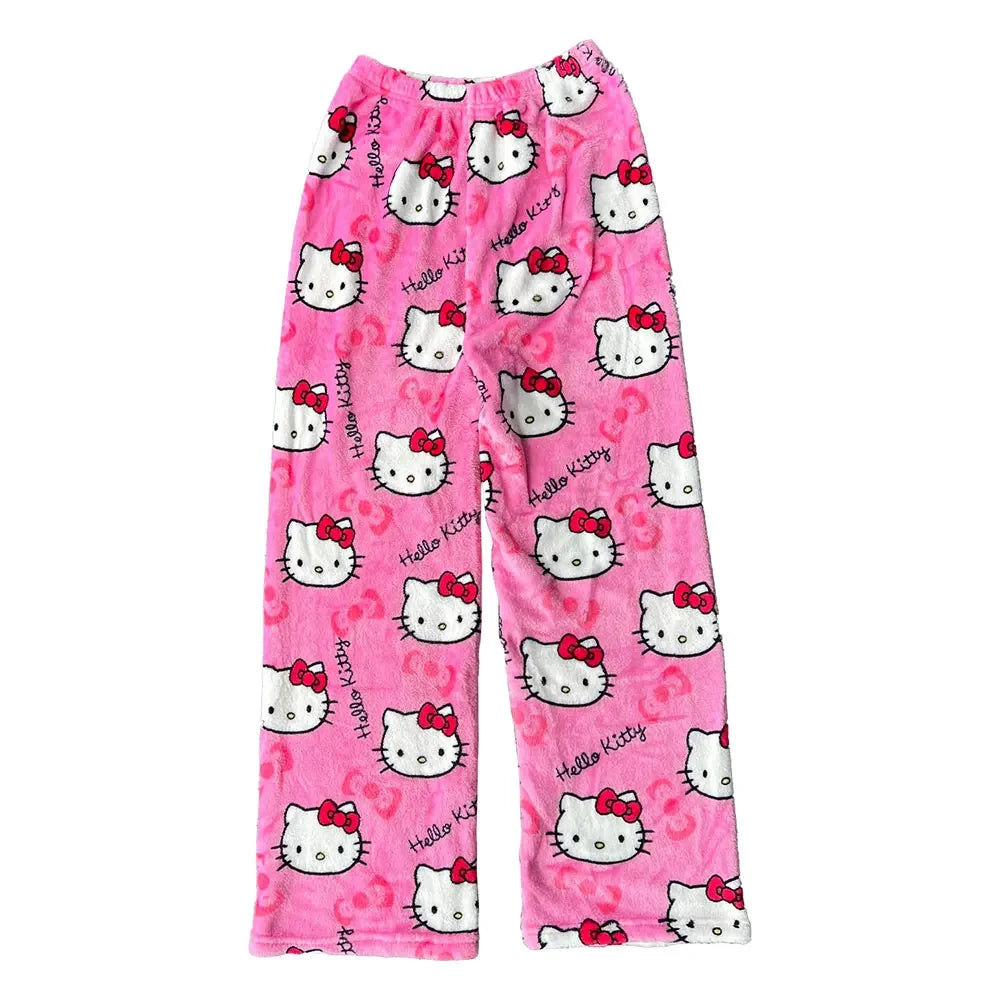 Thicken Hello Kitty Pajama Pants Sanrio Anime Fleece Double Elastic Fabric Soft Trousers Women Trousers Cartoon Birthday Gift