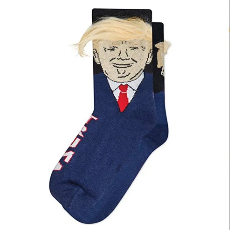 Funny and Funny  Presidential Socks With 3D Fake Hair Round Neck Socks for Men's Street Clothing Hip Hop Socks