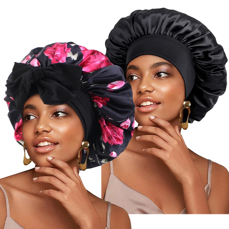 2PCS/LOT Women's Satin Silk Elastic Bonnet Sleeping Shower Night Sleep Cap Head Cover Styling Cap Hair Care Wrapping Tool