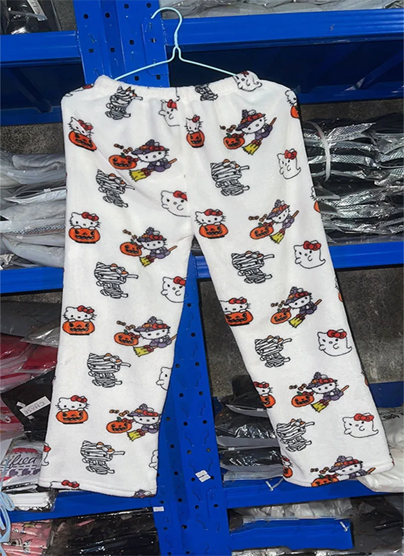 Thicken Hello Kitty Pajama Pants Sanrio Anime Fleece Double Elastic Fabric Soft Trousers Women Trousers Cartoon Birthday Gift