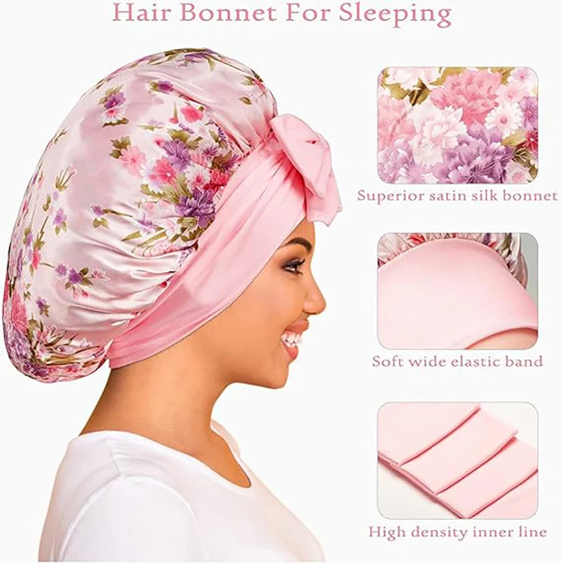 2PCS/LOT Women's Satin Silk Elastic Bonnet Sleeping Shower Night Sleep Cap Head Cover Styling Cap Hair Care Wrapping Tool