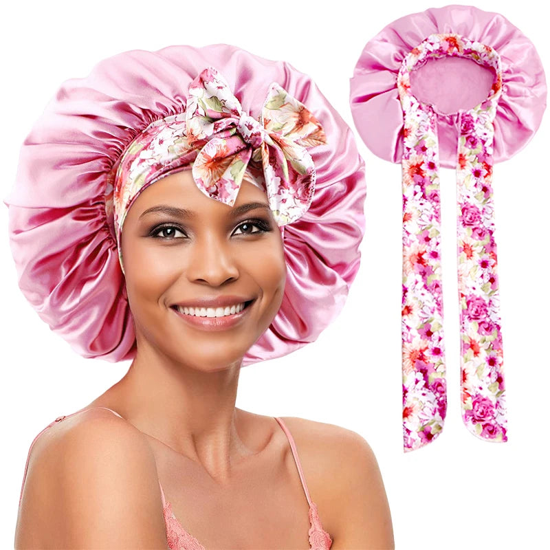 New Silky Bonnet for Sleeping Women Satin Bonnet Night Sleep Cap Large stretch printed ribbon colored nightcap hair care cap