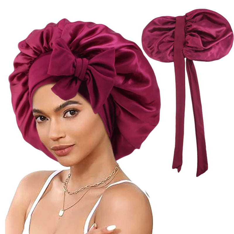 New Double-Layered Satin Bonnet with Tie Band Elastic Band Sleep Cap Reusable Adjusting Hair Care Wrap Cap Shower Caps for Women