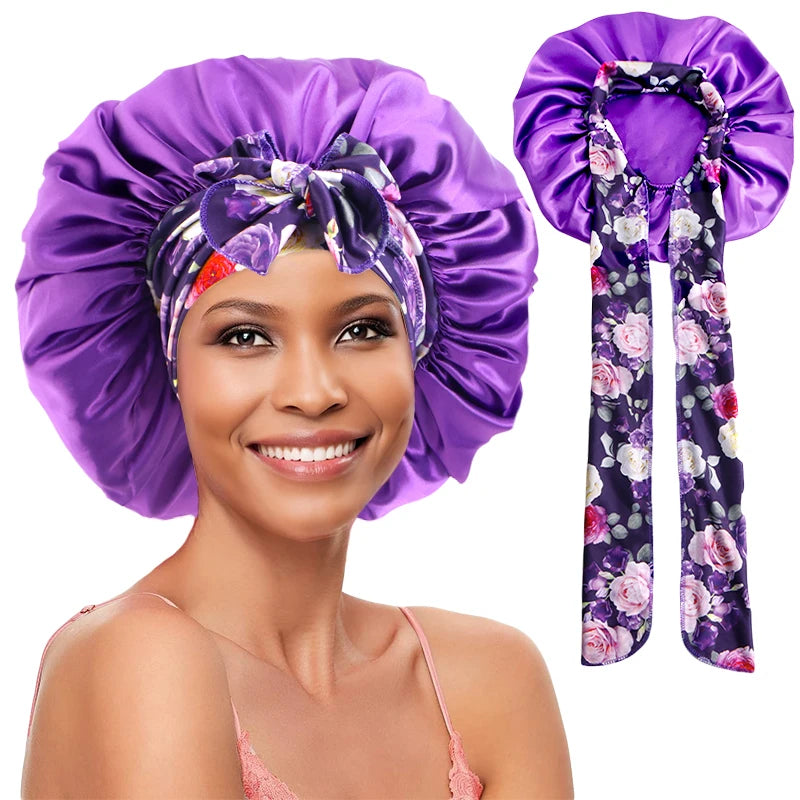 New Silky Bonnet for Sleeping Women Satin Bonnet Night Sleep Cap Large stretch printed ribbon colored nightcap hair care cap