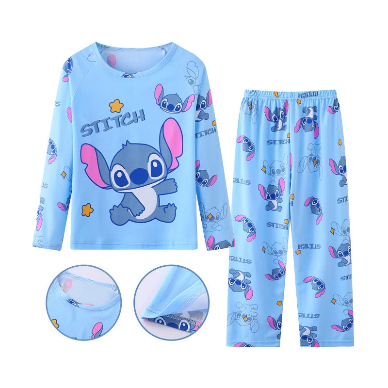 2025 Spring Summer 2pcs/set Stitch Homewear Pajamas for Kids Baby Soft Milk Silk Blue Anime Stitch Long Sleeve Sleepwear Sets